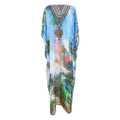 Women's beach kimono with artistic peacock motif and elegant accents Ivyshape