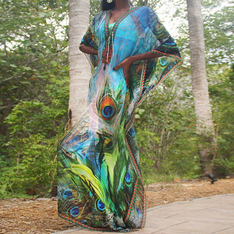Women's beach kimono with artistic peacock motif and elegant accents Ivyshape