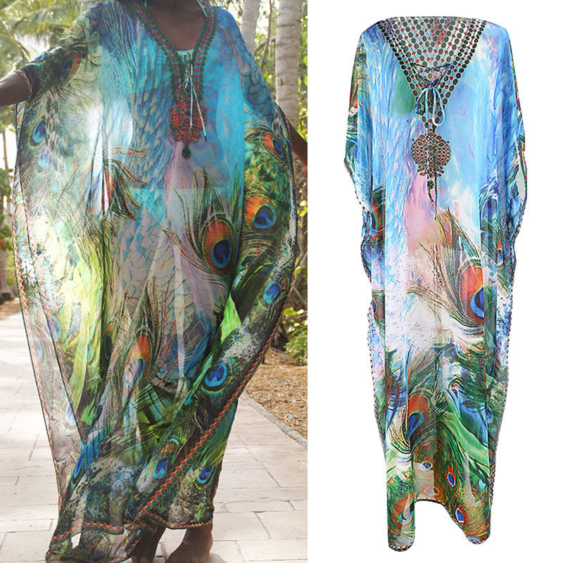 Women's beach kimono with artistic peacock motif and elegant accents Ivyshape