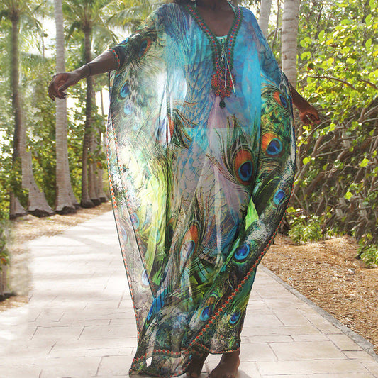 Women's beach kimono with artistic peacock motif and elegant accents Ivyshape