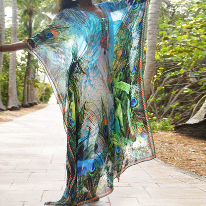 Women's beach kimono with artistic peacock motif and elegant accents Ivyshape