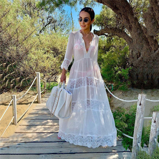 Women transparent beach robe with voluminous lace bottom Ivyshape