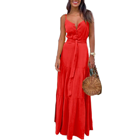 Women's Button Closure Tiered Maxi Dress Ivyshape