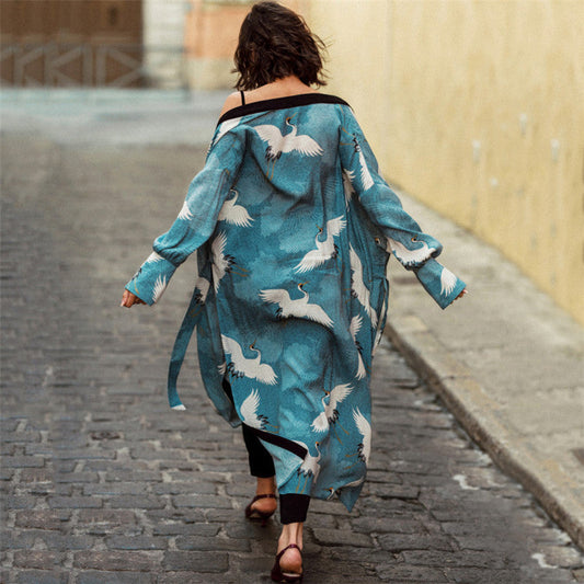 Ladies elegant kimono with artistic bird motif and flowing cut Ivyshape