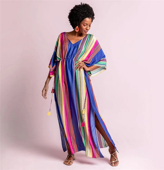 Women's Maxi Kaftan with festive striped pattern and side slit Ivyshape