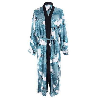 Ladies elegant kimono with artistic bird motif and flowing cut Ivyshape