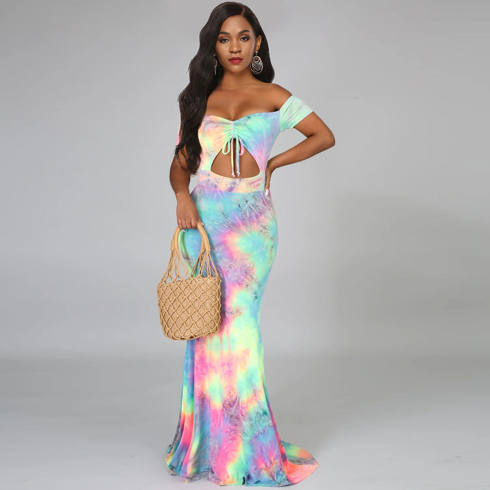 Women Off-Shoulder Tie-Dye Maxi Dress Ivyshape