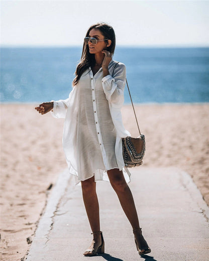 Women's Casual Beach Shirt Dress with Button Detail and Loose Fit Ivyshape