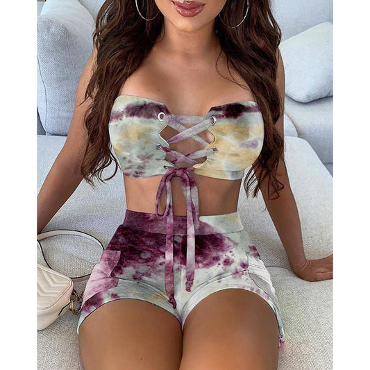 Women Tie-Front Crop Top and Mini Shorts Set Ivyshape
