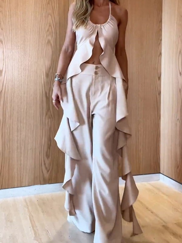 Solenya™ | Ruffle Slit Halter Top & Wide-Leg Pants Set