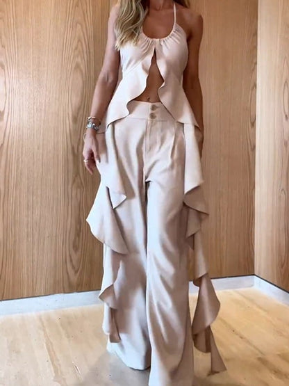 Solenya™ | Ruffle Slit Halter Top & Wide-Leg Pants Set