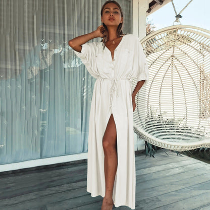 Women’s Maxi Dress with Side Slit and Waist Drawstring Ivyshape
