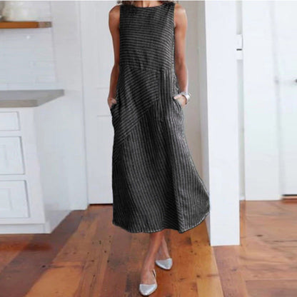 Women's Casual Striped Maxi Dress with Pockets Ivyshape