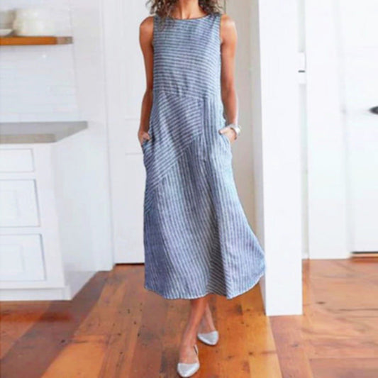 Women's Casual Striped Maxi Dress with Pockets Ivyshape