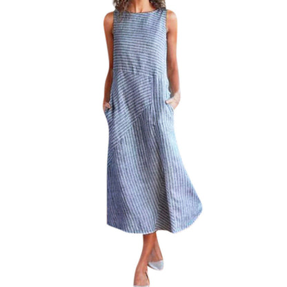 Women's Casual Striped Maxi Dress with Pockets Ivyshape