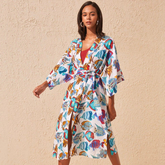 Women's beach robe with colorful fish cut Ivyshape