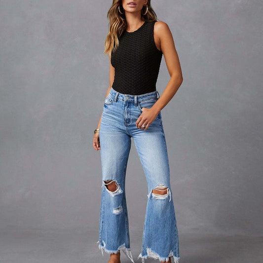 Elisa | Jeans a vita alta in stile europeo e americano con strappi ed effetto water washed