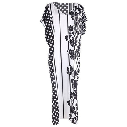 Women's beach dress in modern patchwork design with floral accent Ivyshape