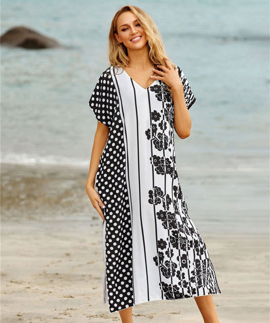 Women's beach dress in modern patchwork design with floral accent Ivyshape