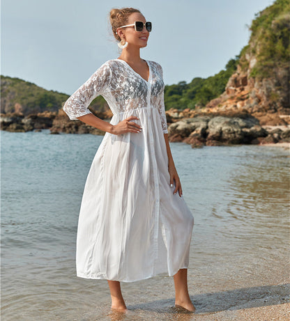 Women's elegant beach cover-up with romantic crochet accents and airy silhouette Ivyshape