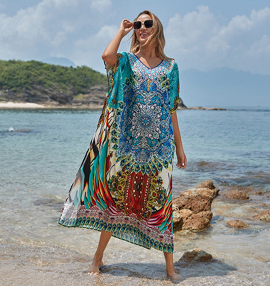 Ladies airy beach kaftan with intricate mandala pattern and wide sleeves Ivyshape