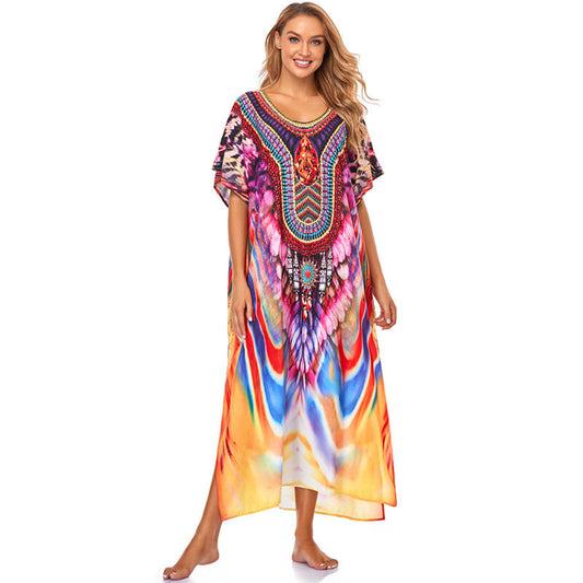 Women's beach kaftan with intricate design and colorful patterns Ivyshape