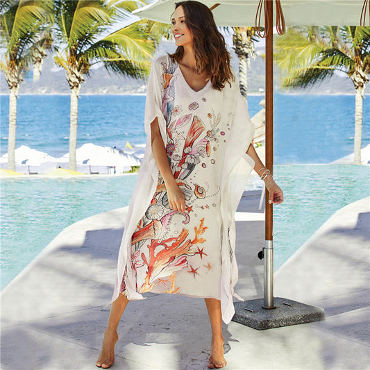 Women’s beach tunic with intricate underwater design and wide sleeves Ivyshape