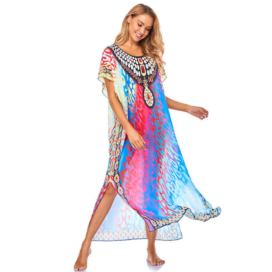 Ladies airy beach kaftan with colorful pattern mix and elegant jewelry design Ivyshape