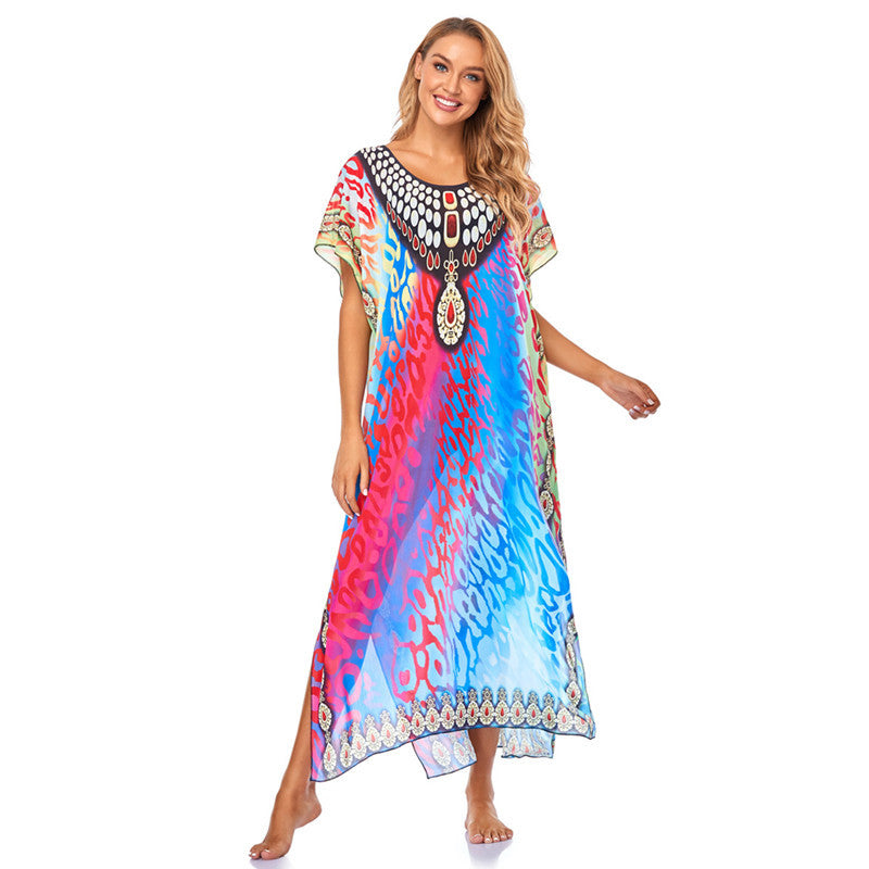Ladies airy beach kaftan with colorful pattern mix and elegant jewelry design Ivyshape