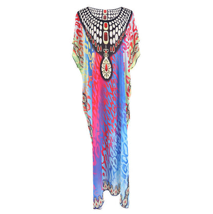 Ladies airy beach kaftan with colorful pattern mix and elegant jewelry design Ivyshape