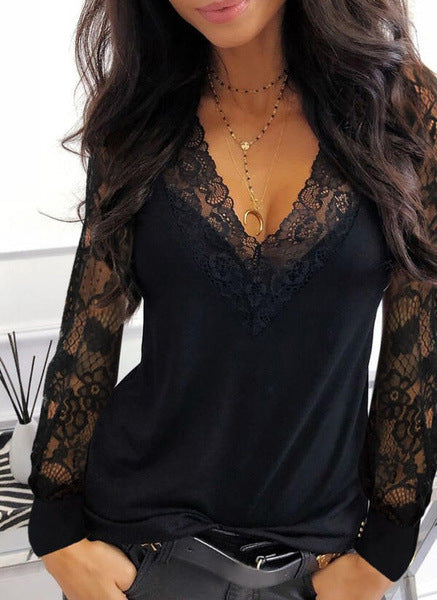Ladies Lace Sleeve V-Neck Top Ivyshape