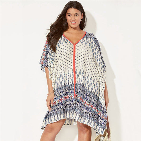 Women's beach tunic with colorful ethnic design and shaping Ivyshape