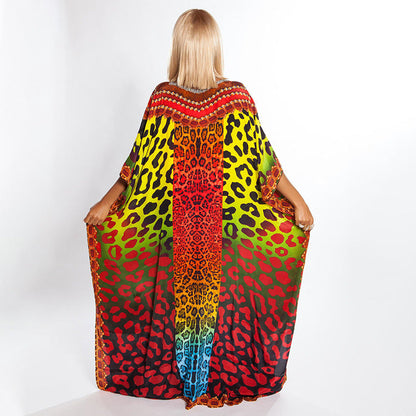 Ladies Colorful Kaftan Dress with Intricate Pattern and Deep V-Neck Ivyshape