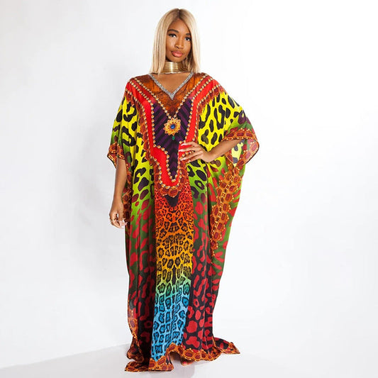 Ladies Colorful Kaftan Dress with Intricate Pattern and Deep V-Neck Ivyshape