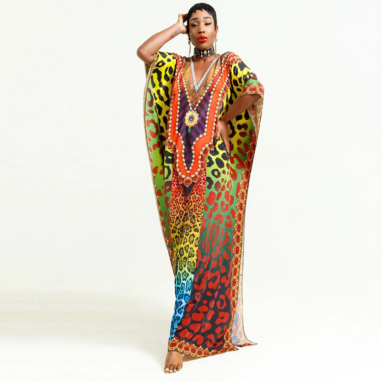 Ladies Colorful Kaftan Dress with Intricate Pattern and Deep V-Neck Ivyshape