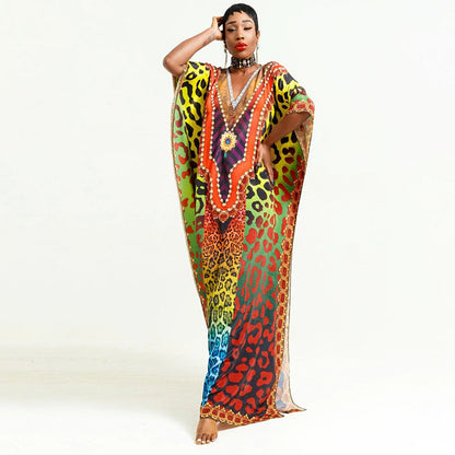 Ladies Colorful Kaftan Dress with Intricate Pattern and Deep V-Neck Ivyshape