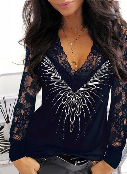 Women's Lace Detail V-Neck Top with Rhinestone Accents Ivyshape
