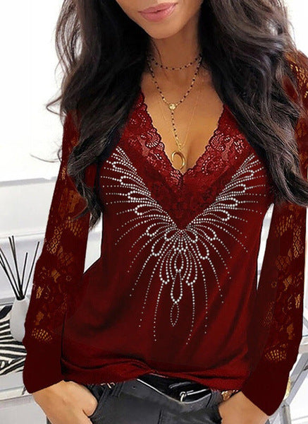 Women's Lace Detail V-Neck Top with Rhinestone Accents Ivyshape