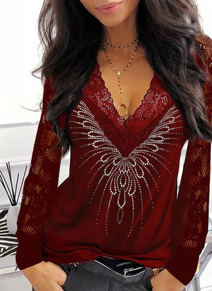 Women's Lace Detail V-Neck Top with Rhinestone Accents Ivyshape