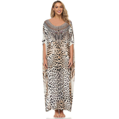 Ladies beach kaftan with artistic animal print and elegant accents Ivyshape