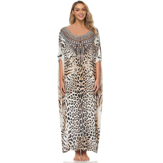 Ladies beach kaftan with artistic animal print and elegant accents Ivyshape