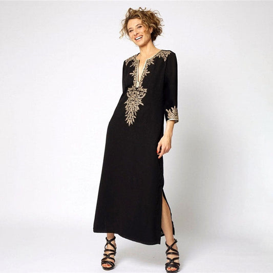 Women's maxi dress with intricate gold embroidery and flattering V-neck Ivyshape
