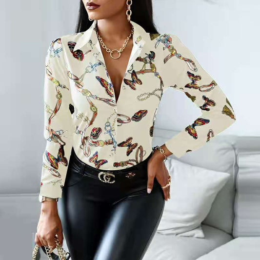 Women's long sleeve blouse with creative chain pattern Ivyshape