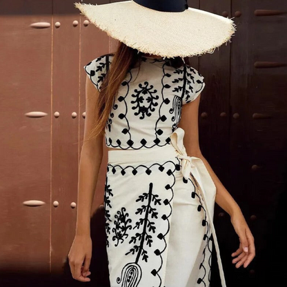 Carmen – Boho Embroidered Two-Piece Set with Crop Top & Wrap Skirt