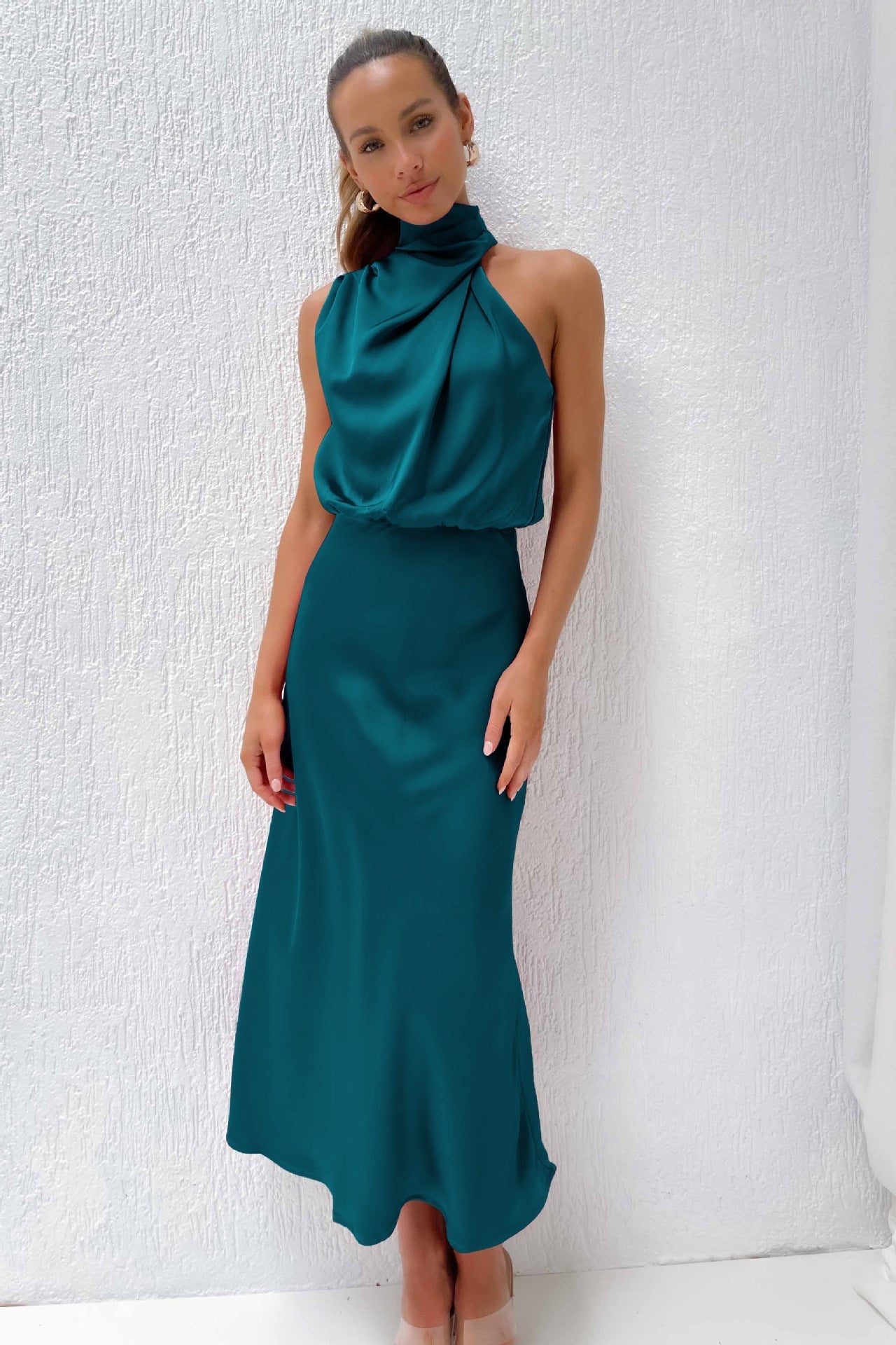 Sabrina - Satin midi dress with asymmetrical one-shoulder design