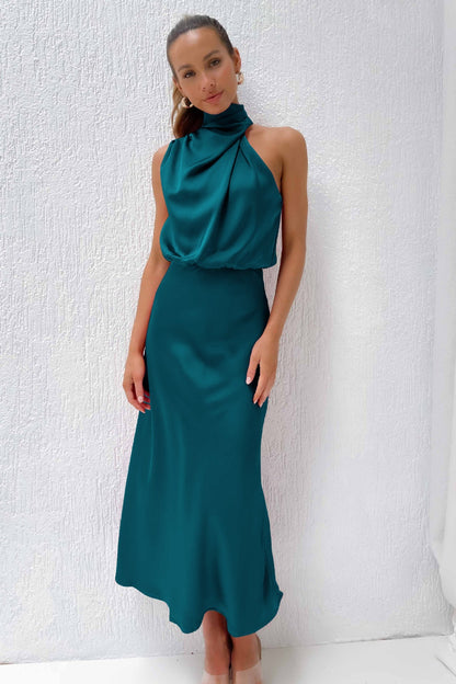 Sabrina - Satin midi dress with asymmetrical one-shoulder design