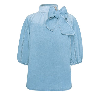 Natalia | Top donna in cotone con collo alto in denim con lacci