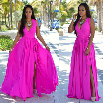 Women's A-Line Chiffon Maxi Dress with Wrap Belt Ivyshape