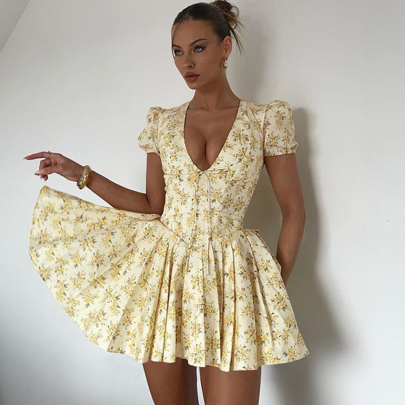 Natalia - Abito corto floreale con profonda scollatura