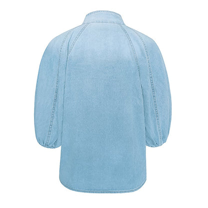 Natalia | Top donna in cotone con collo alto in denim con lacci